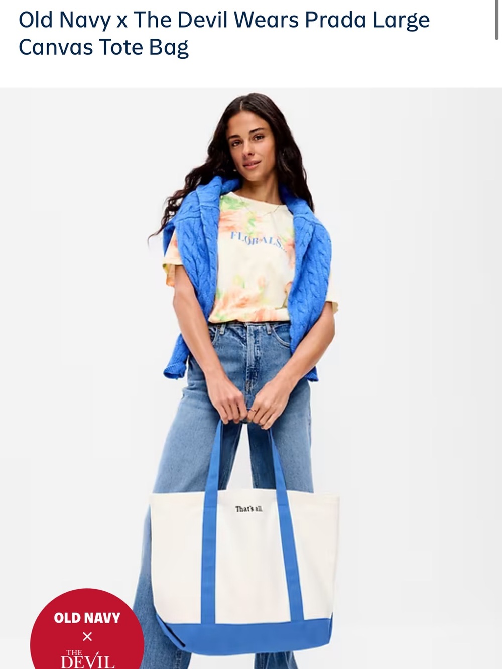 Old Navy X Devil Wears Prada White Canvas Tote with Blue Trim